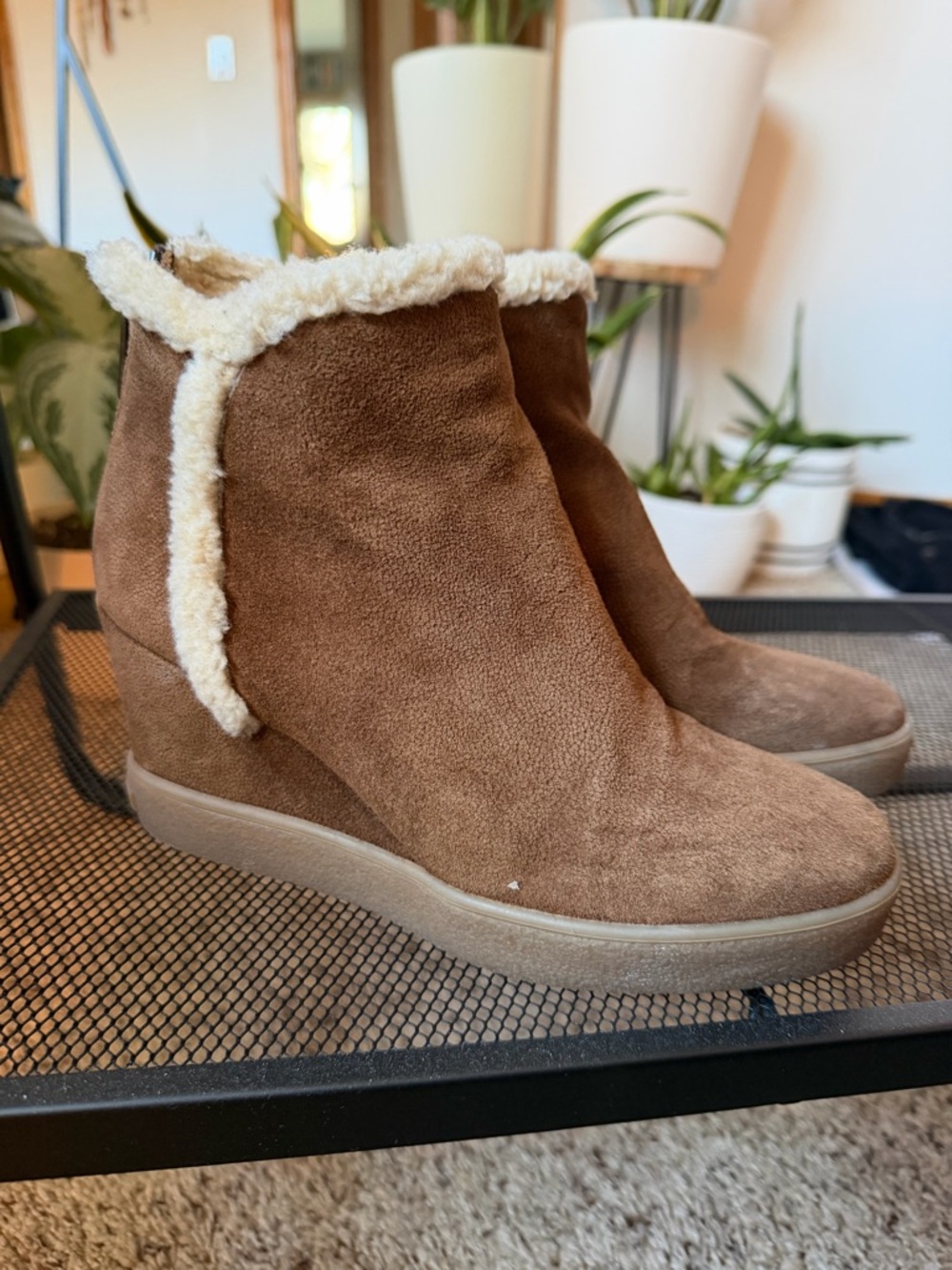 Aquatalia Brown Suede Wedge Ankle Boots with Shearling Trim